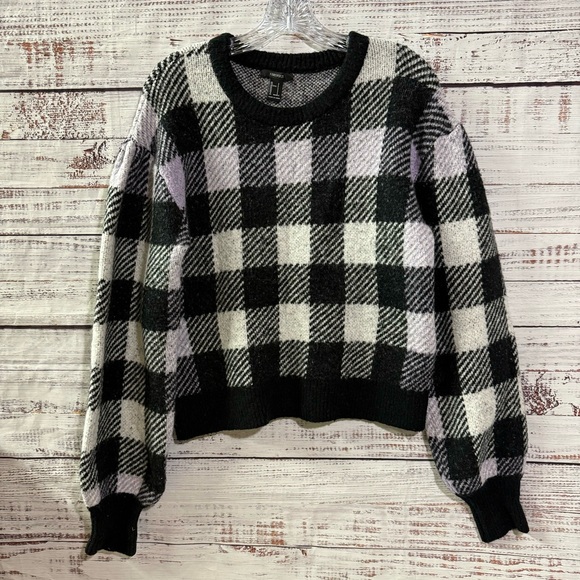 Forever 21 Sweaters - Forever 21 Black and White with Purple Checkered Sweater
